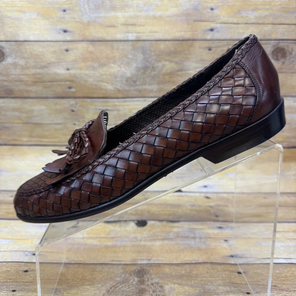 Vintage Bragano Cole Haan Men 10 Woven Leather Kiltie Tassel Loafer Brown Italy